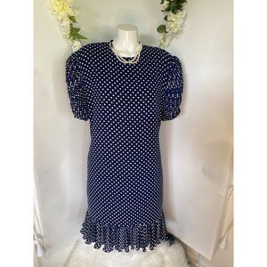 Mark Shaw 1980s Navy White Polka Dot Shift Dress Pleated Sleeves‎ Hem Size M